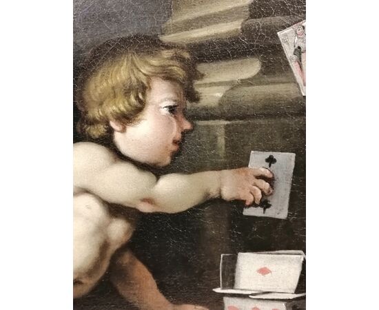 Coppia di dipinti del '700 - Putti che giocano con giochi dell'epoca - olio su tela