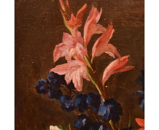 DIPINTI ANTICHI DI FIORI, NATURE MORTE CON GIGLI E DALIE, OLIO SU TAVOLA, DELL'800. (QF662)
