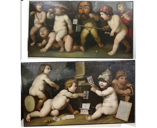 Coppia di dipinti del '700 - Putti che giocano con giochi dell'epoca - olio su tela