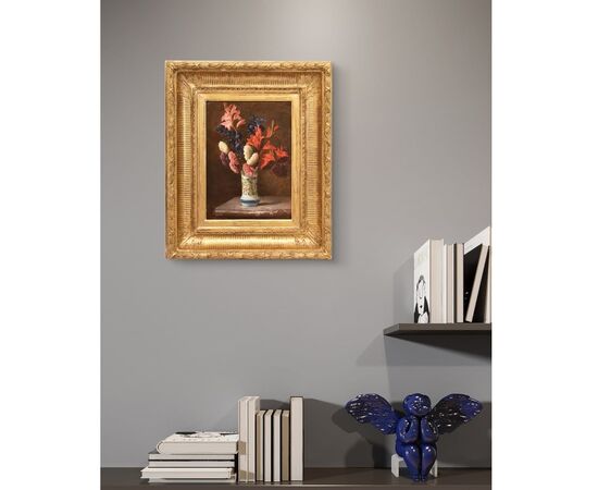 DIPINTI ANTICHI DI FIORI, NATURE MORTE CON GIGLI E DALIE, OLIO SU TAVOLA, DELL'800. (QF662)