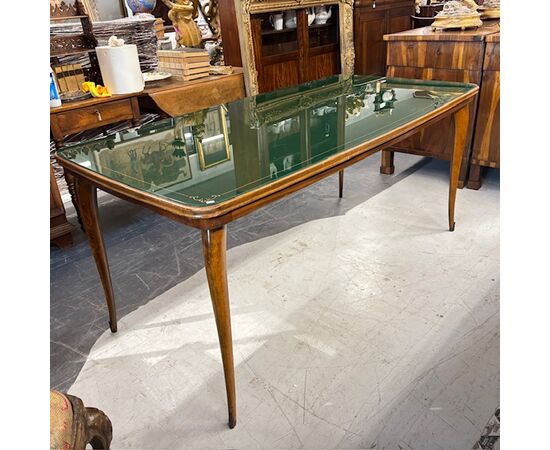 Tavolo modernariato anni 60 con piano in vetro verde dipinto . Restaurato. Mis 178 x 86 h 80 