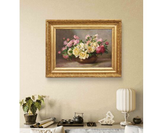 DIPINTI ANTICHI CON FIORI DI ROSE ROSA, NATURE MORTE, OLIO SU TELA, PRIMI DEL NOVECENTO. (QF665)