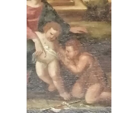 Madonna con bambino, San Giovannino e San Giuseppe - Paesaggio con rovine - '600 - olio su tela