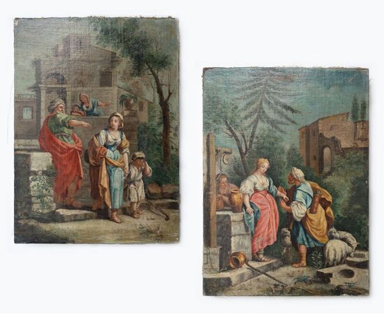 Coppia di dipinti ad olio su tela – Scene bibliche pastorali