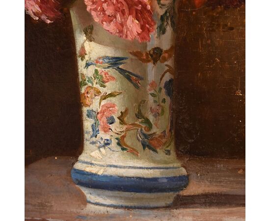 DIPINTI ANTICHI DI FIORI, NATURE MORTE CON GIGLI E DALIE, OLIO SU TAVOLA, DELL'800. (QF662)