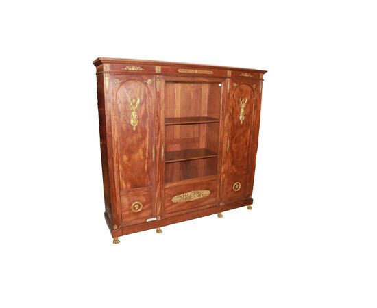 Libreria Stile Impero Francese di Fine 1800 In Legno di Mogano con Bronzi