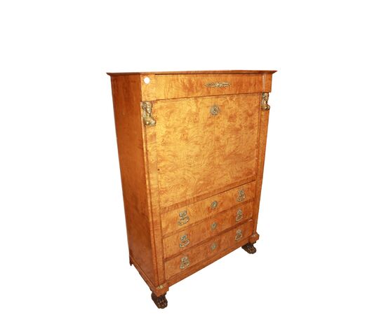 Secretaire Francese Stile Impero del 1800 In Legno di Betulla Con Bronzi