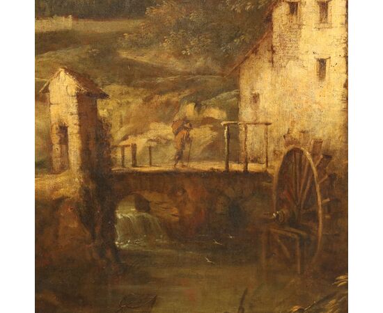 Dipinto Paesaggio con Torrente Mulino e Figure