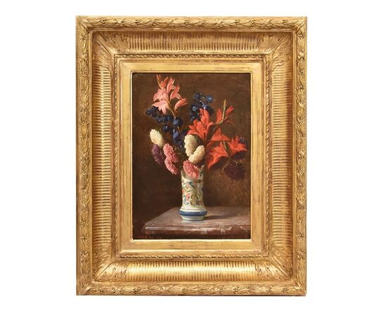 DIPINTI ANTICHI DI FIORI, NATURE MORTE CON GIGLI E DALIE, OLIO SU TAVOLA, DELL'800. (QF662)