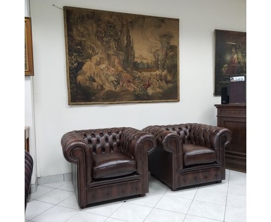 Coppia di poltrone chesterfield club in pelle marrone inglese originale nuova 