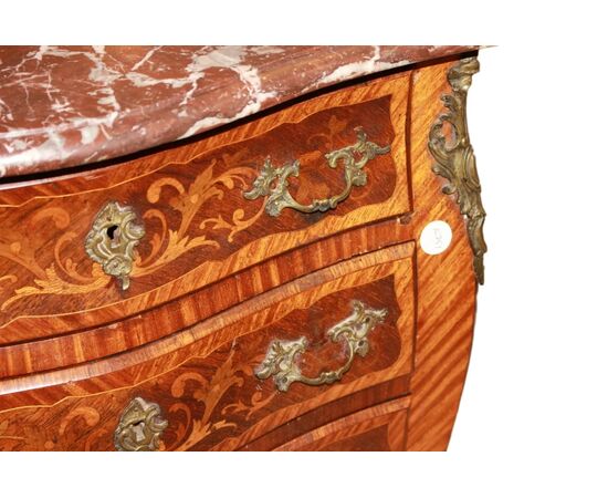 Piccolo Cassettone Comoncino Francese Stile Luigi XV Intarsiato Floreale