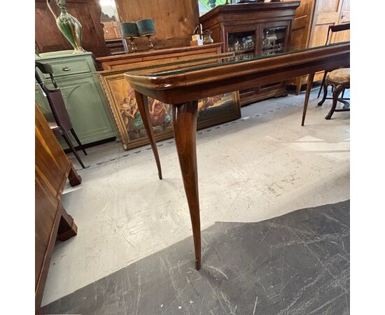 Tavolo modernariato anni 60 con piano in vetro verde dipinto . Restaurato. Mis 178 x 86 h 80 