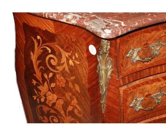 Piccolo Cassettone Comoncino Francese Stile Luigi XV Intarsiato Floreale