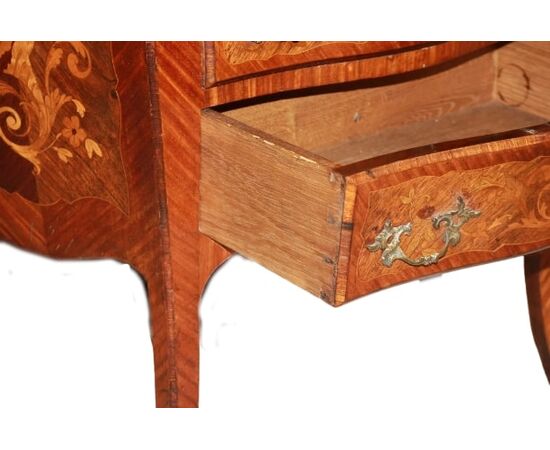 Piccolo Cassettone Comoncino Francese Stile Luigi XV Intarsiato Floreale