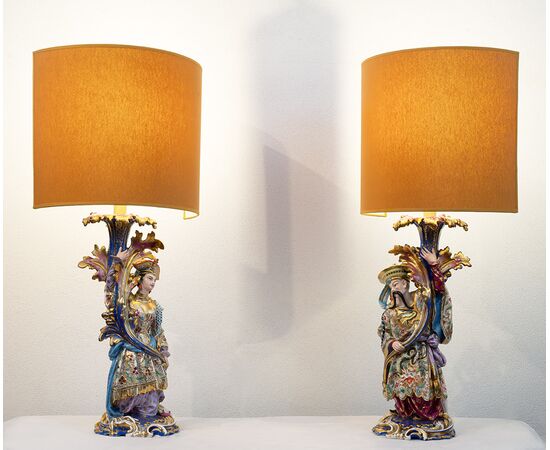 Pair of antique polychrome porcelain lamps in the style of Jacob Petit. France 19th century.