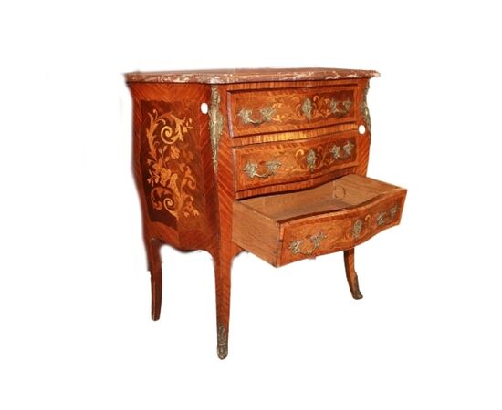 Piccolo Cassettone Comoncino Francese Stile Luigi XV Intarsiato Floreale