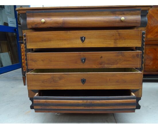 Cassettone in noce vercellese Carlo X scolpito e filettato 1820 Piemonte