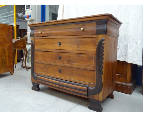 Cassettone in noce vercellese Carlo X scolpito e filettato 1820 Piemonte
