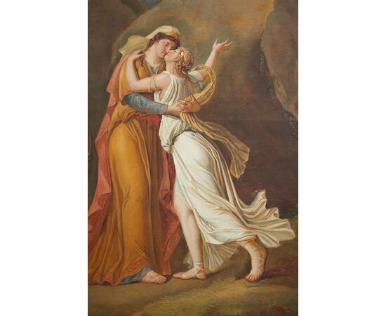 Dipinto antico Neoclassico olio su tela raffigurante Psiche che saluta la sua famiglia. Francia inizio XIX secolo.