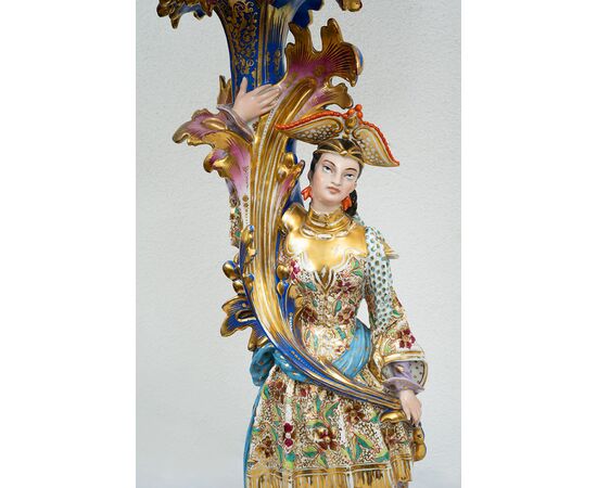 Pair of antique polychrome porcelain lamps in the style of Jacob Petit. France 19th century.