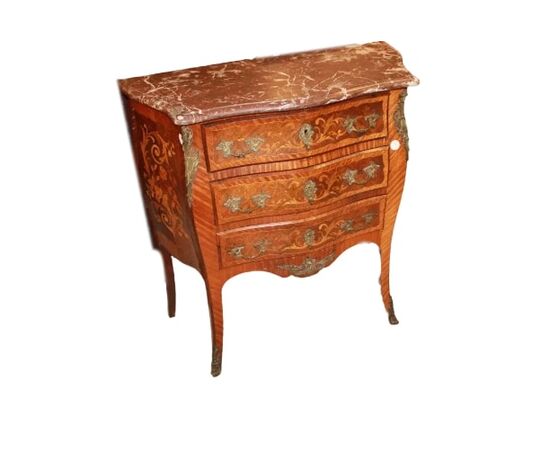 Piccolo Cassettone Comoncino Francese Stile Luigi XV Intarsiato Floreale