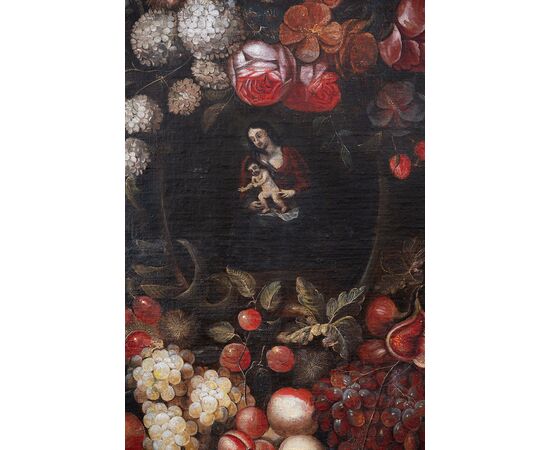 Antique Flemish oil painting on canvas depicting still life with figures. 18th-century period.