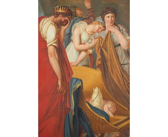Dipinto antico Neoclassico olio su tela raffigurante Psiche che saluta la sua famiglia. Francia inizio XIX secolo.