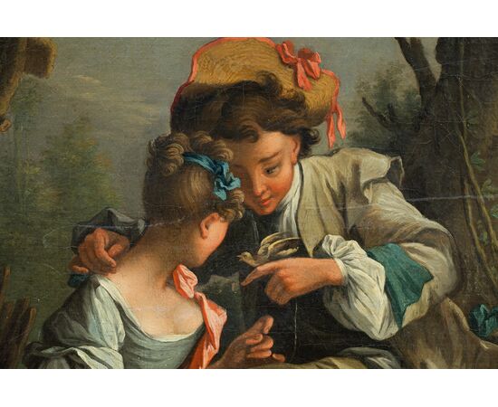 Coppia di dipinti antichi olio su tela con cornici coeve raffigurante scena pastorale con giovani musicisti. Francia fine XVIII secolo.