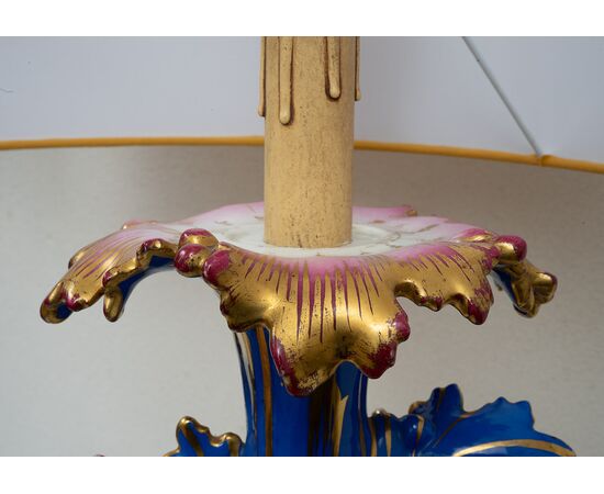 Pair of antique polychrome porcelain lamps in the style of Jacob Petit. France 19th century.