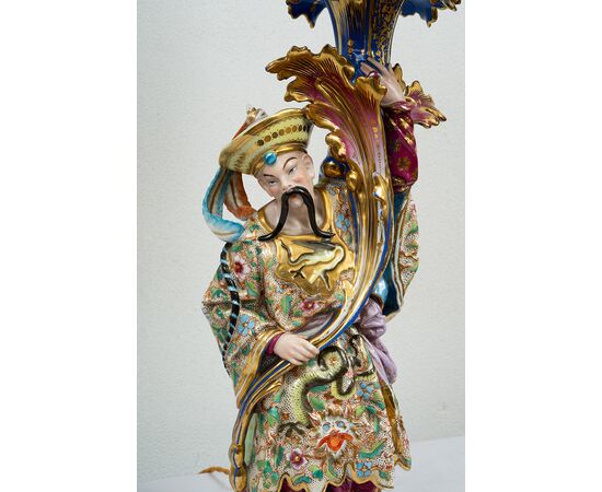Pair of antique polychrome porcelain lamps in the style of Jacob Petit. France 19th century.