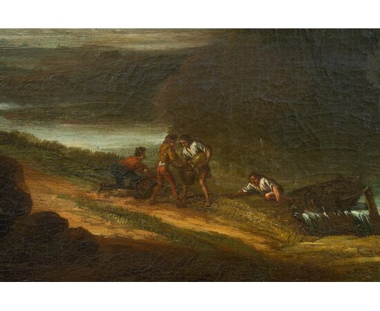 Dipinto antico olio su tela raffigurante un paesaggio fluviale con figure presso la riva. Francia seconda metà XVII secolo.