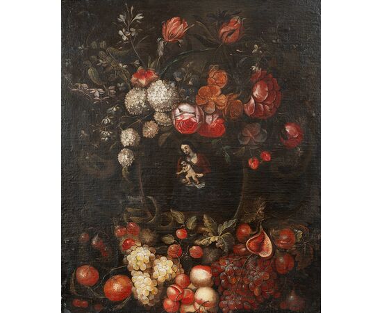 Antique Flemish oil painting on canvas depicting still life with figures. 18th-century period.