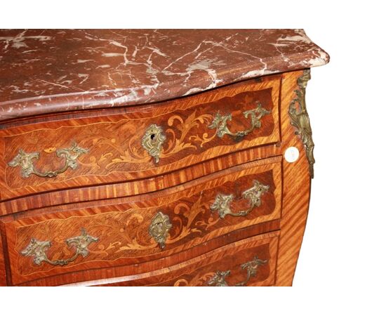 Piccolo Cassettone Comoncino Francese Stile Luigi XV Intarsiato Floreale
