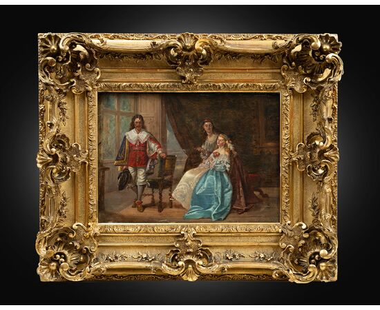 Antique oil painting on canvas depicting a genre scene in an aristocratic setting. France 19th century.