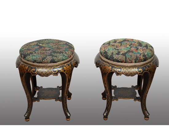 Pair of antique Napoleon III stools in ebonized wood. France 19th century.