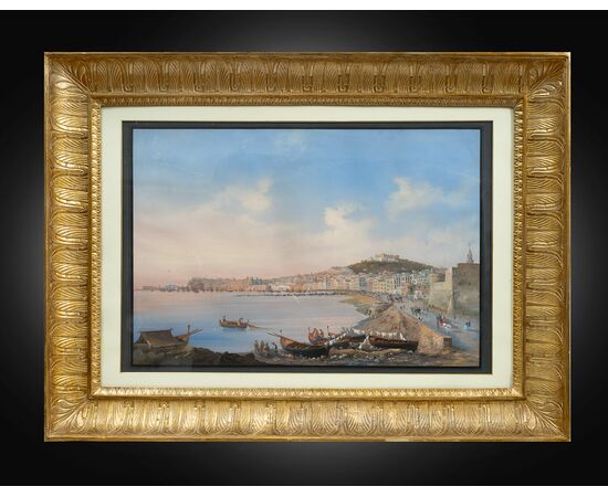 Antique gouache/watercolor depicting a view of Naples. 19th century period.