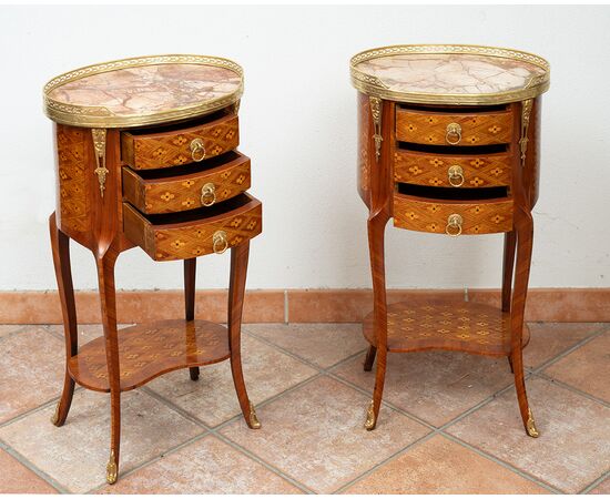 Pair of antique Napoleon III bedside tables in precious exotic woods. France 19th century.