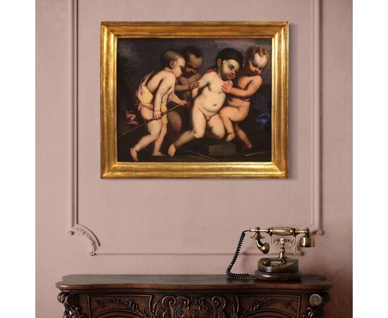 Dipinto italiano antico giochi di putti del XVII secolo