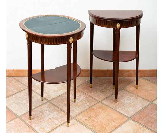 Pair of antique demilune Napoleon III mahogany game tables. France, 19th century.