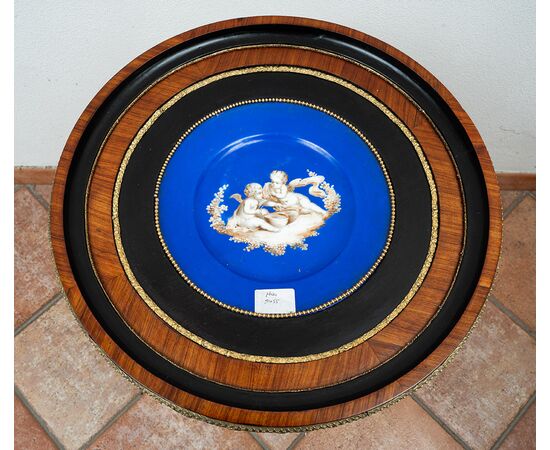 Antique Napoleon III table in precious exotic woods with a Sevres porcelain top. France, 19th century.