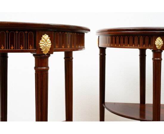 Pair of antique demilune Napoleon III mahogany game tables. France, 19th century.