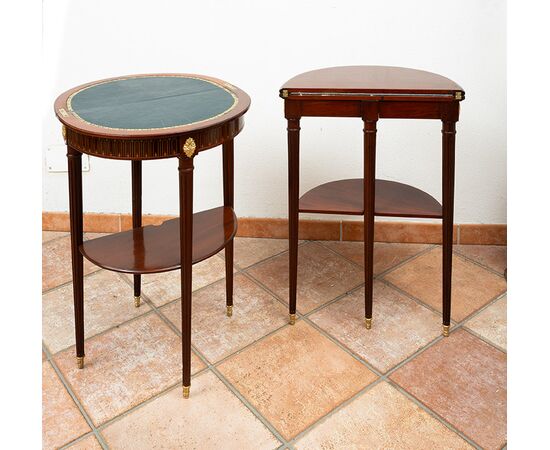 Pair of antique demilune Napoleon III mahogany game tables. France, 19th century.