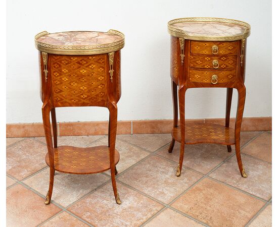 Pair of antique Napoleon III bedside tables in precious exotic woods. France 19th century.