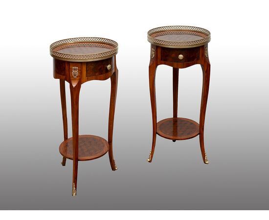 Pair of antique side tables in precious exotic woods with inlays of gilded bronze elements. France, early 20th century.
