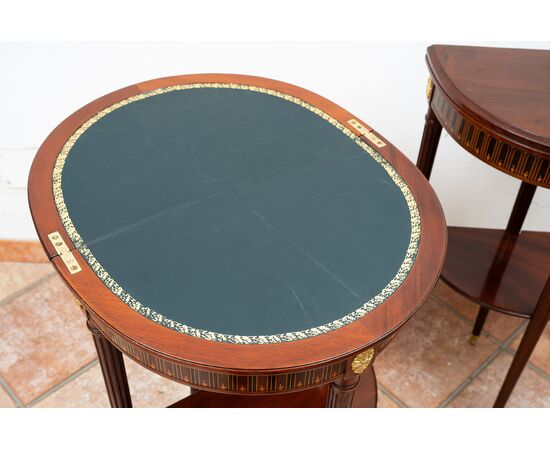 Pair of antique demilune Napoleon III mahogany game tables. France, 19th century.