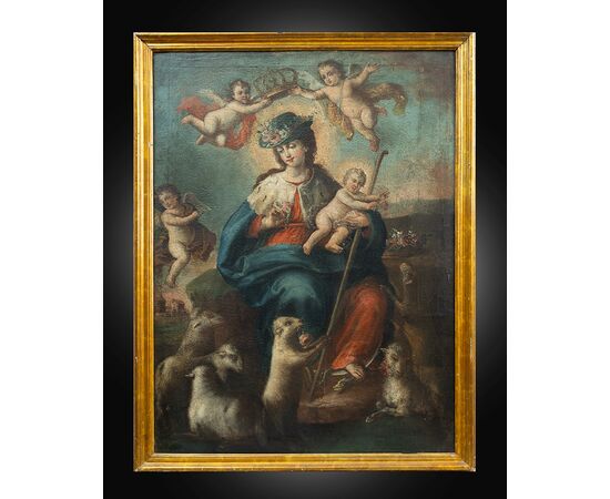 Antique oil painting on canvas depicting "The Divine Shepherdess". Naples, 17th century.