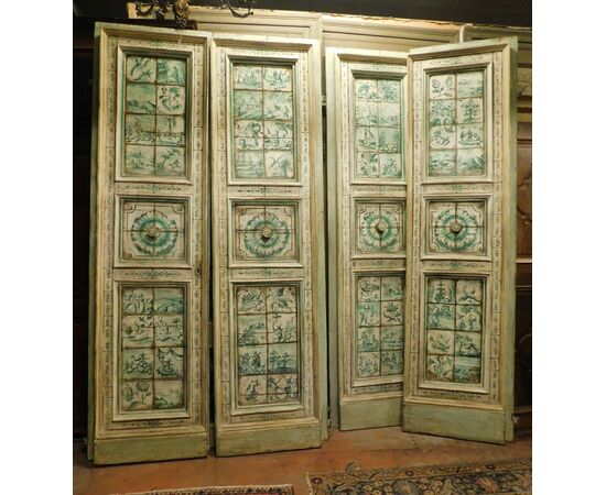 pts718 - n. 4 pairs of doors with oriental paintings, cm l 148 xh 274     