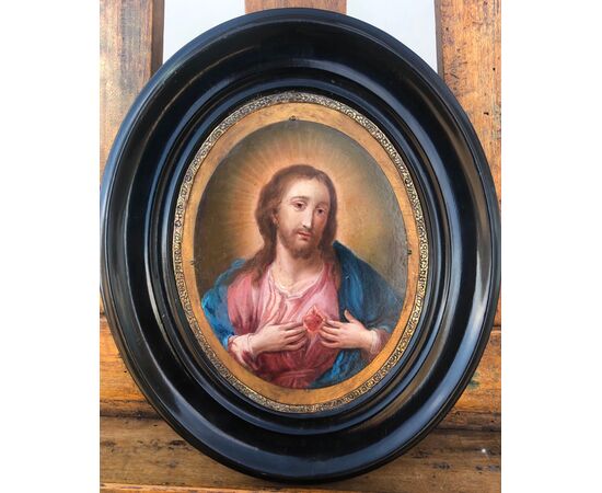 Oil painting on copper depicting the Sacred Heart of Jesus&#39;.     