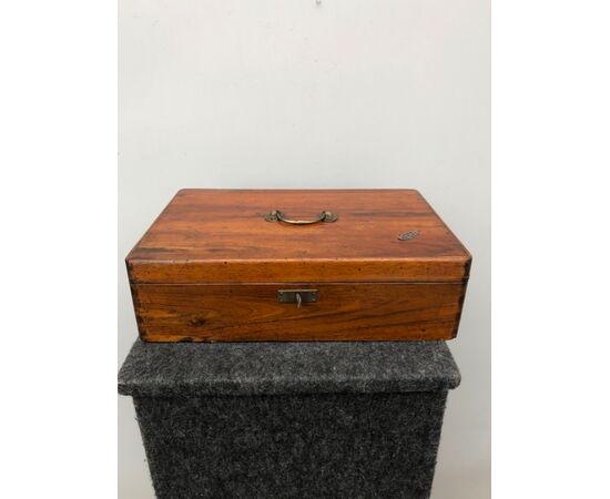 Box - travel dressing table in light mahogany with bronze moldings and silver initials.     