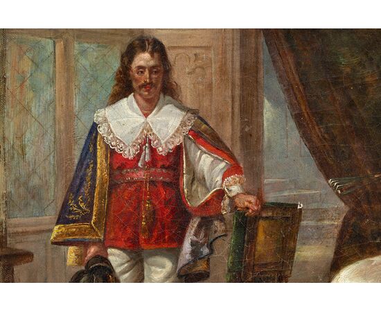 Antique oil painting on canvas depicting a genre scene in an aristocratic setting. France 19th century.